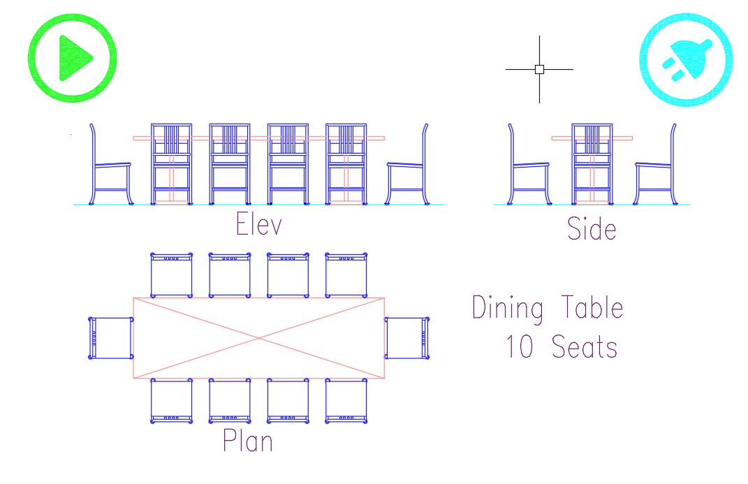 Autocad Blocks Dining Table Top Front And Side View 2503